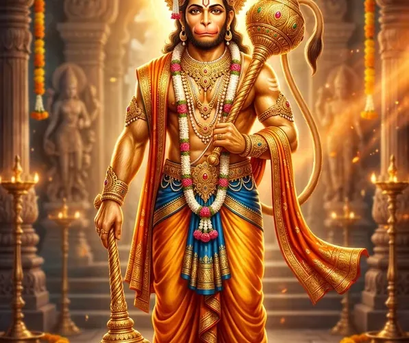 श्री हनुमान जी गदा और आशीर्वाद मुद्रा में, दिव्य भक्ति चित्र
