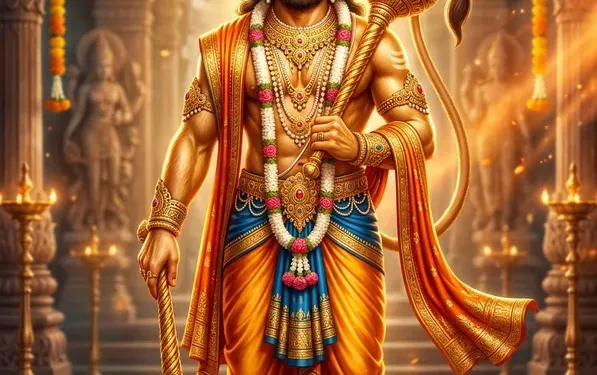 श्री हनुमान जी गदा और आशीर्वाद मुद्रा में, दिव्य भक्ति चित्र
