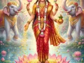 कमल पर विराजमान माता महालक्ष्मी धन वर्षा मुद्रा में, दिव्य पावन चित्र