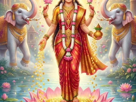 कमल पर विराजमान माता महालक्ष्मी धन वर्षा मुद्रा में, दिव्य पावन चित्र