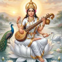 श्वेत कमल पर वीणा वादिनी माता सरस्वती, ज्ञान एवं कला की देवी का पावन चित्र